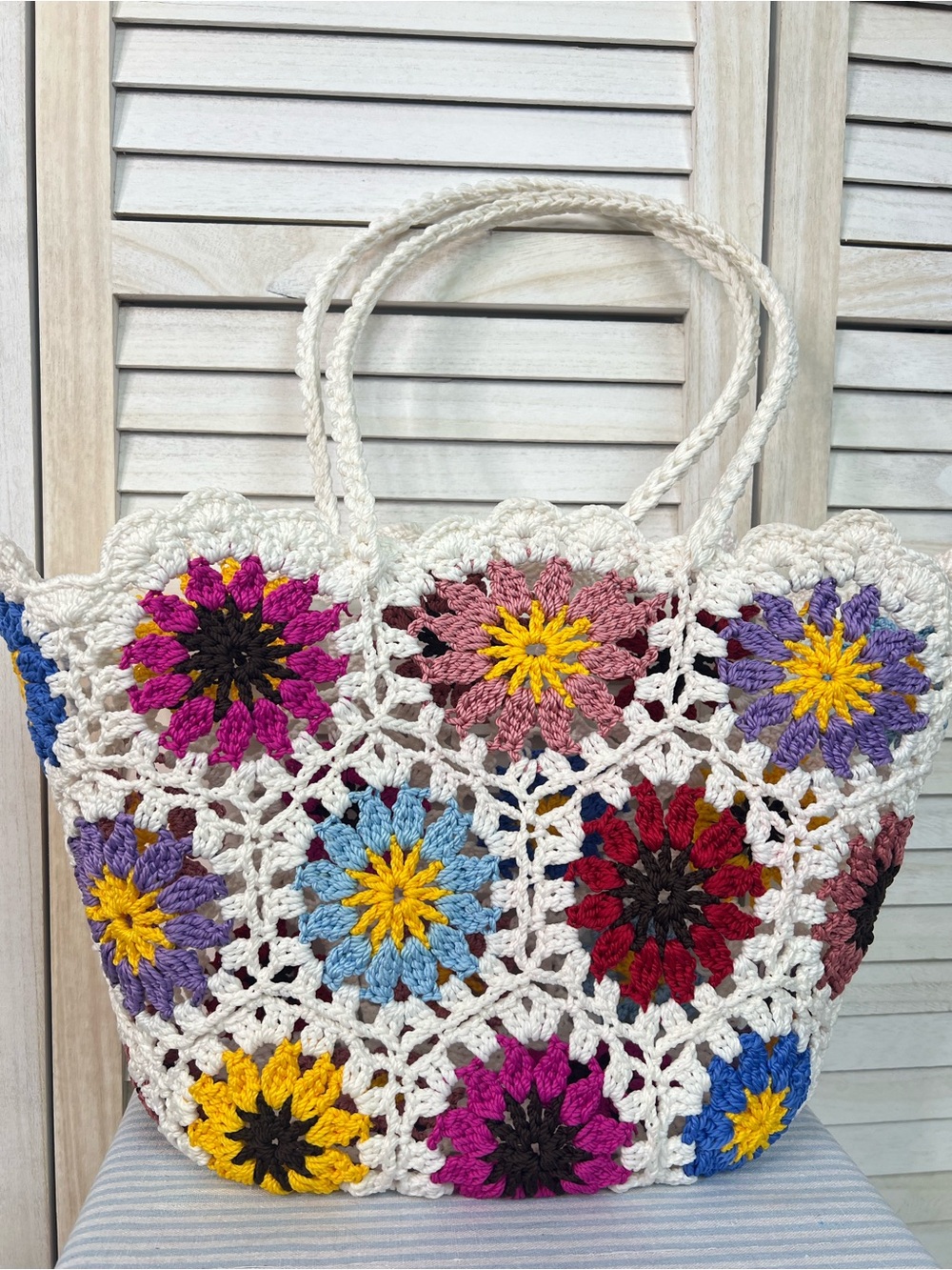 Crochet Granny Square Floral Tote Bag in White Boho festival Beach Bag NEW